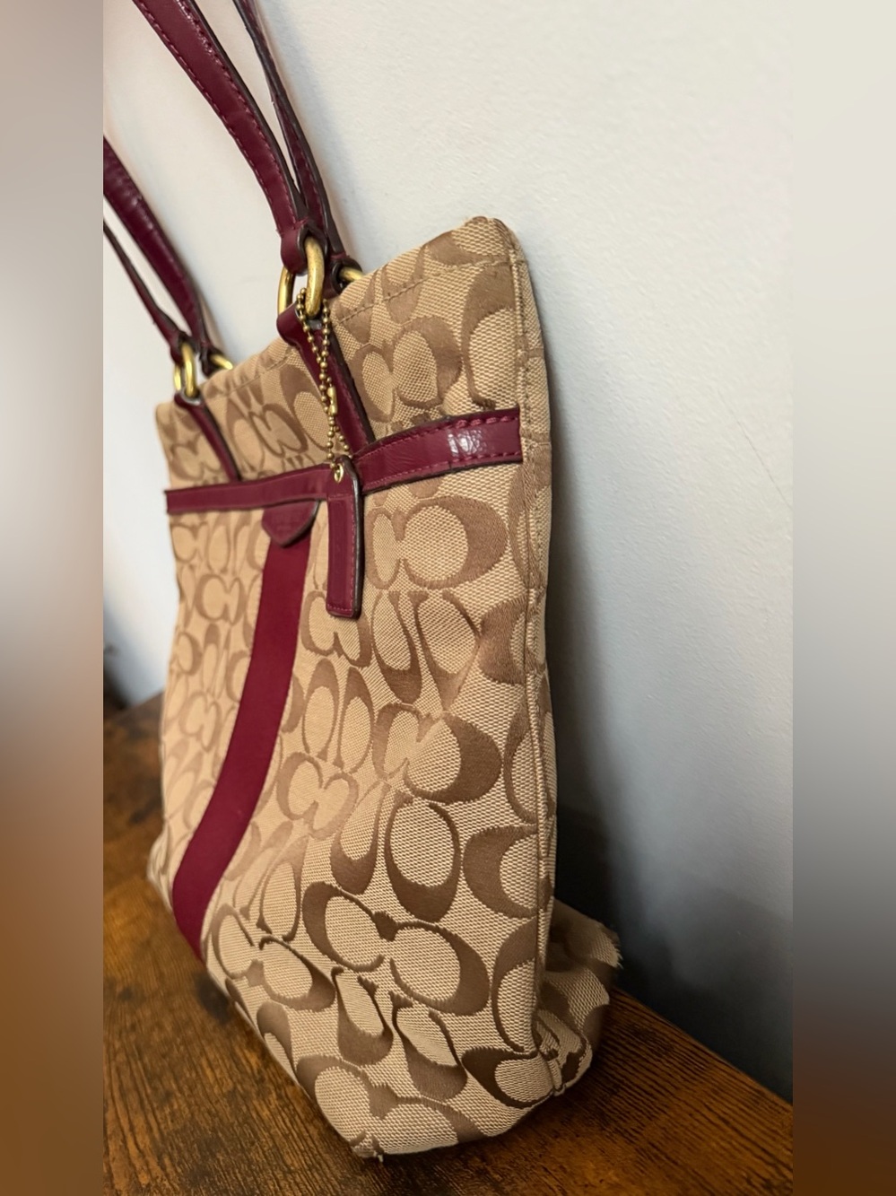 Coach F28504 Signature Stripe Tote Bag Khaki Burgundy Canvas Leather - Picture 3 of 13